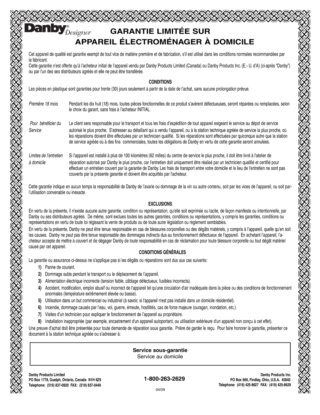 Danby DCR88WDD, DCR88BLDD manual Garantie Limitée SUR Appareil Électroménager À Domicile 