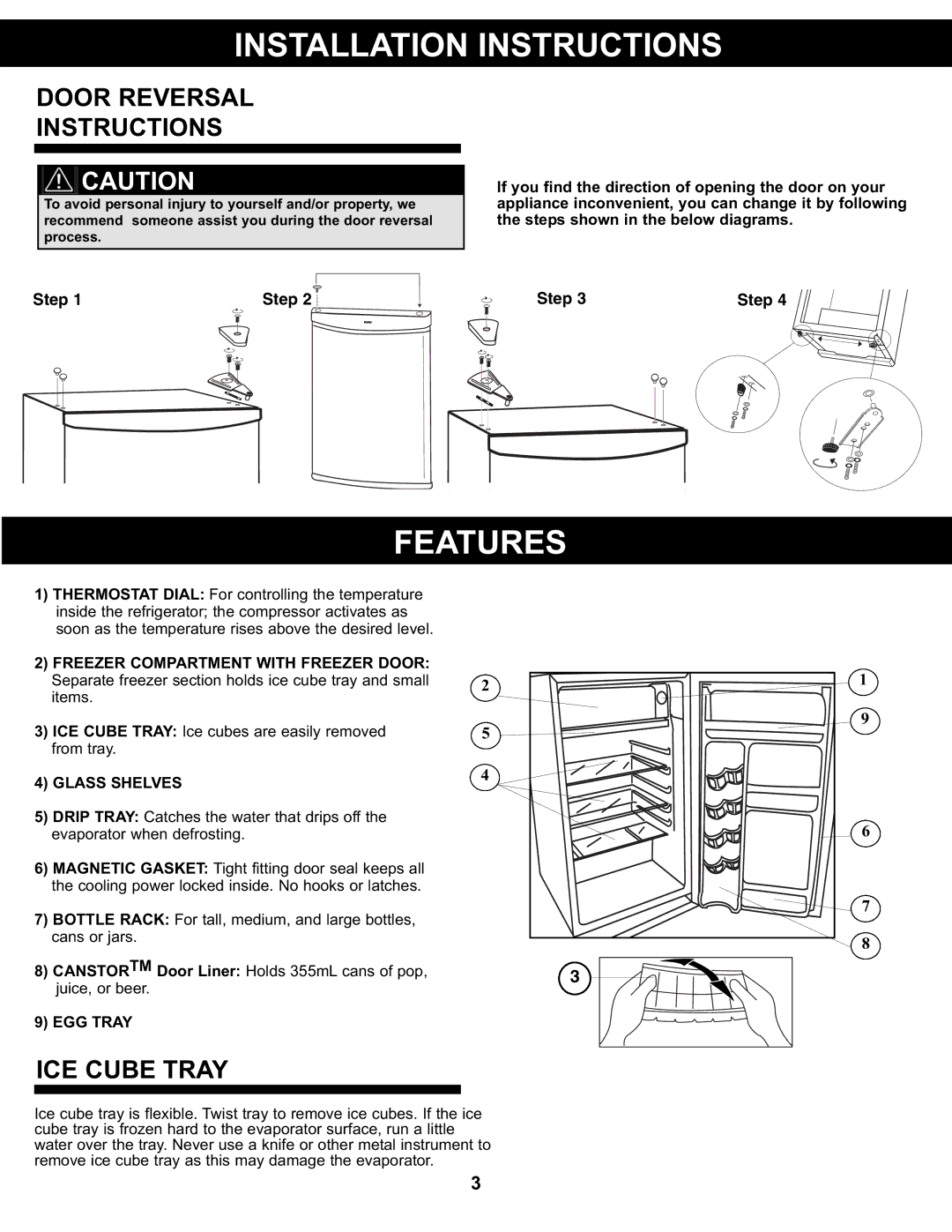 Danby DCR88WDD, DCR88BLDD manual Features, Door Reversal Instructions, ICE Cube Tray, Glass Shelves, EGG Tray 