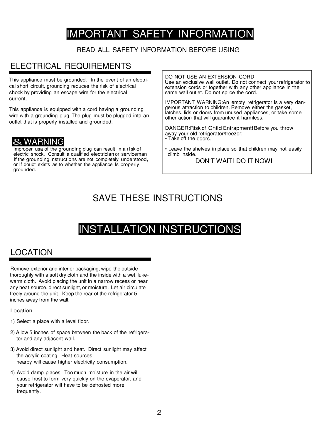 Danby DCRM31BSLDD manual Important Safety Information 