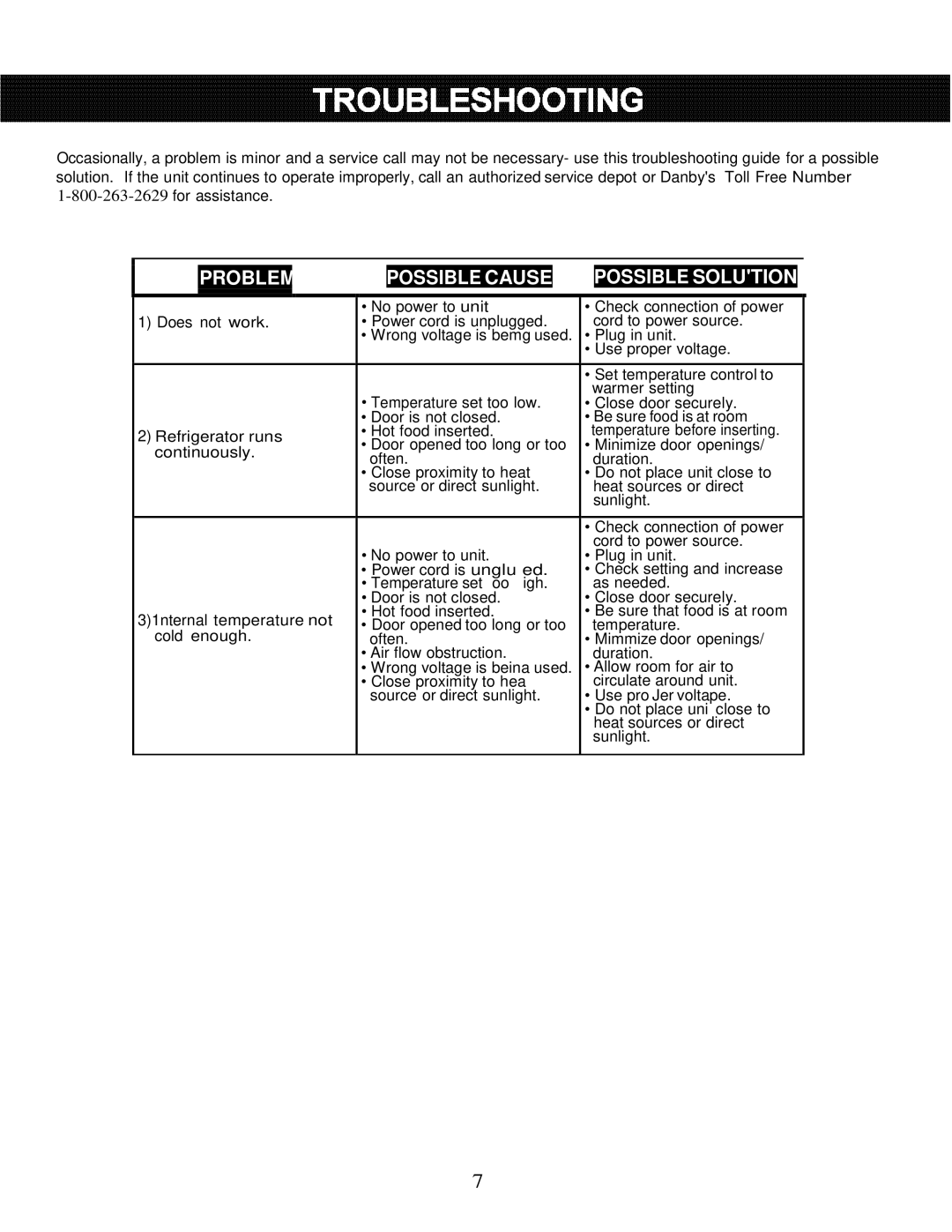 Danby DCRM31BSLDD manual Possible Cause Possible Solution 