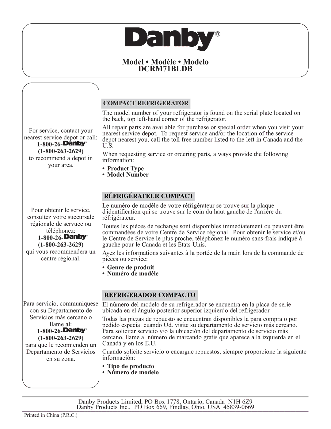 Danby DCRM71BLDB installation instructions Compact Refrigerator, Réfrigérateur Compact, Refrigerador Compacto 