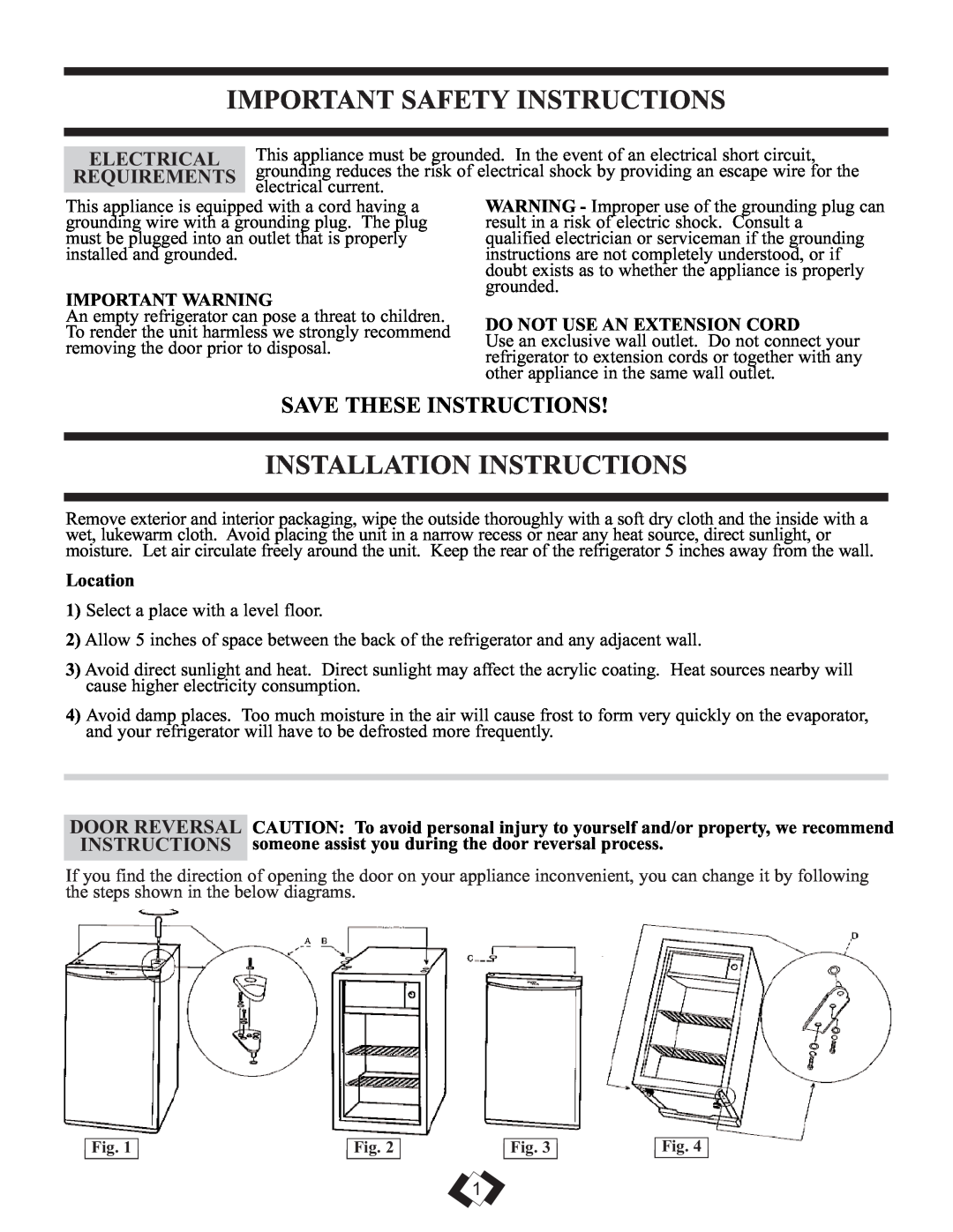 Danby DCRM71BLDB Important Safety Instructions, Installation Instructions, Save These Instructions, Electrical, Location 