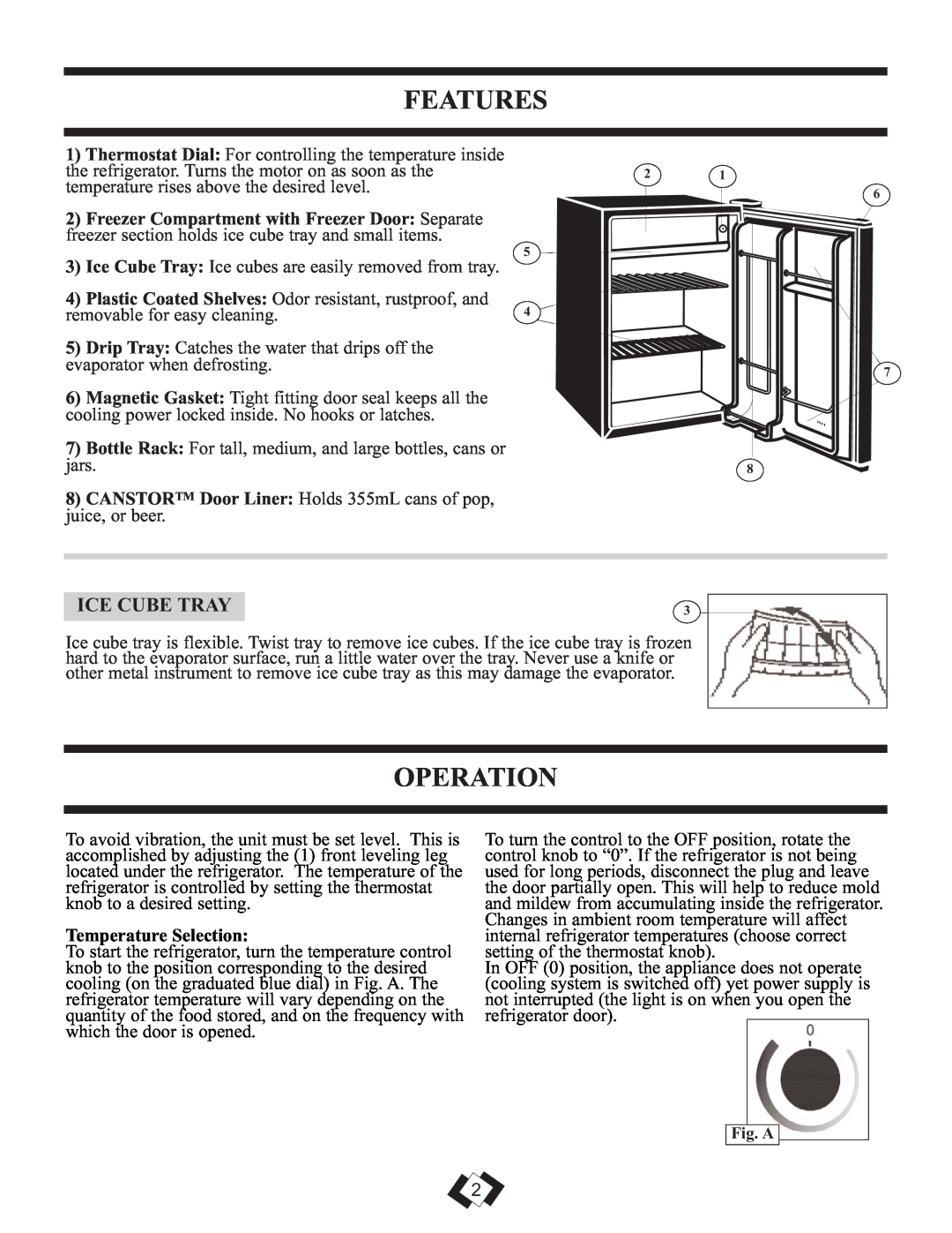Danby DCRM71BLDB installation instructions Features, Operation, Ice Cube Tray, Temperature Selection 