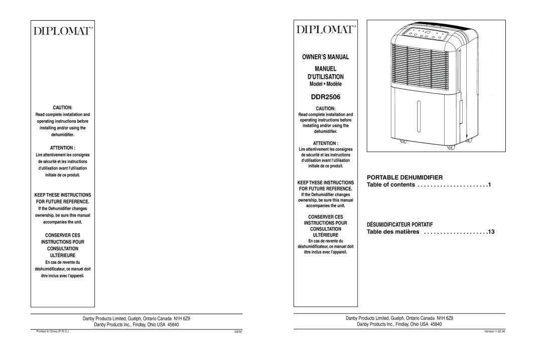 Danby DDR2506 owner manual Model Modèle, Désumidificateur Portatif 