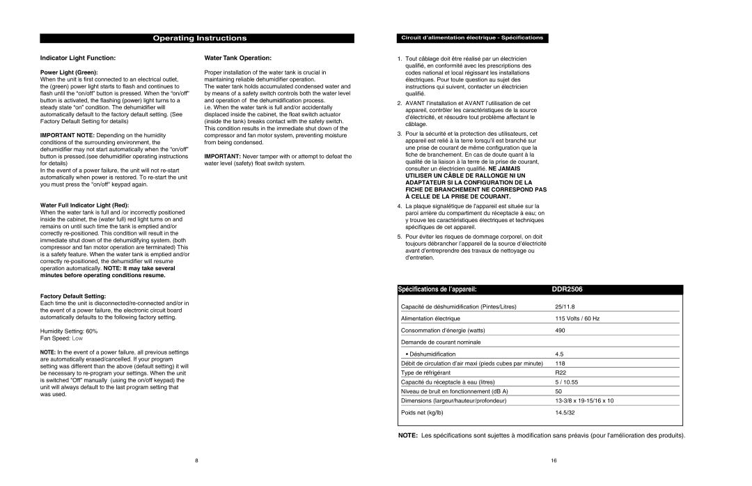 Danby DDR2506 owner manual Operating Instructions, Indicator Light Function, Water Tank Operation 