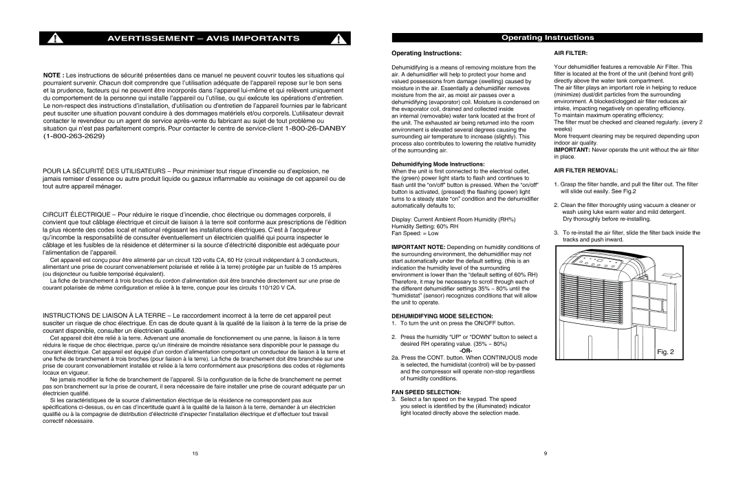 Danby DDR2506 Operating Instructions, Dehumidifying Mode Selection, FAN Speed Selection, AIR Filter Removal 