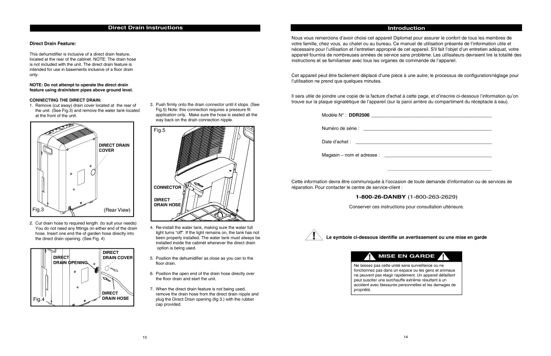 Danby DDR2506 owner manual Direct Drain Instructions Introduction, Direct Drain Feature 