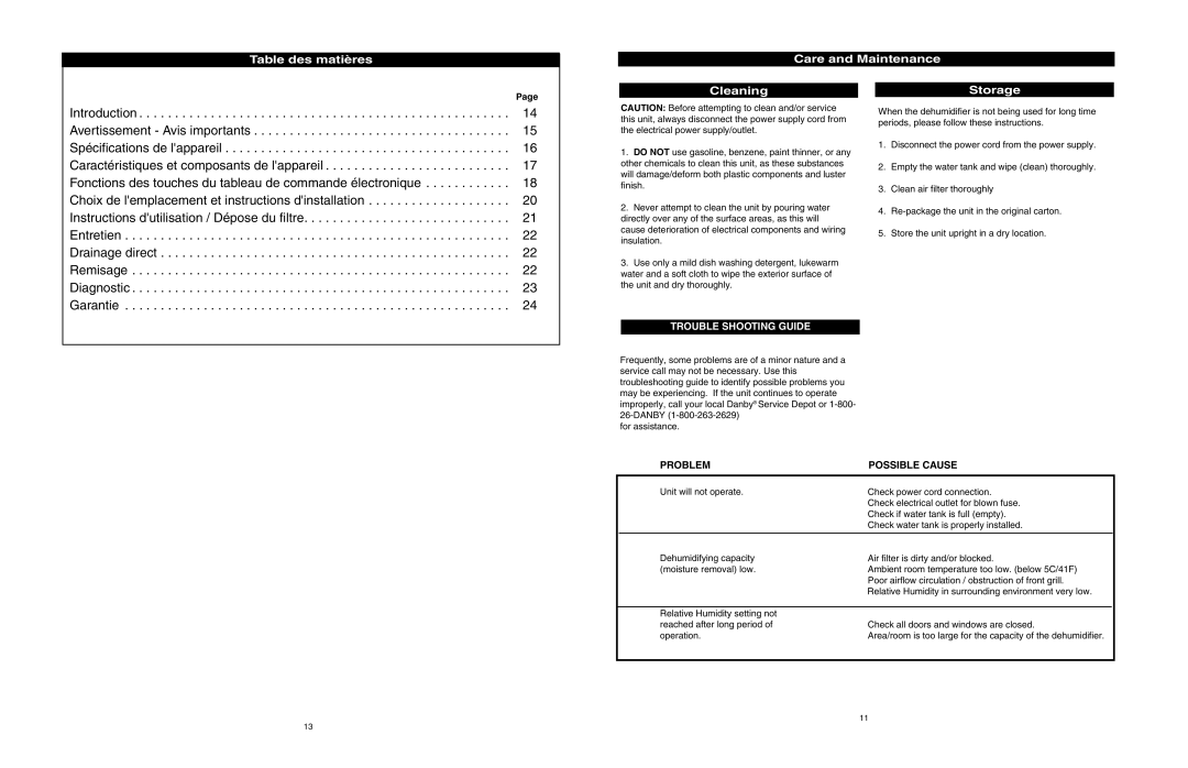 Danby DDR2506 owner manual Table des matières Care and Maintenance Cleaning, Trouble Shooting Guide 