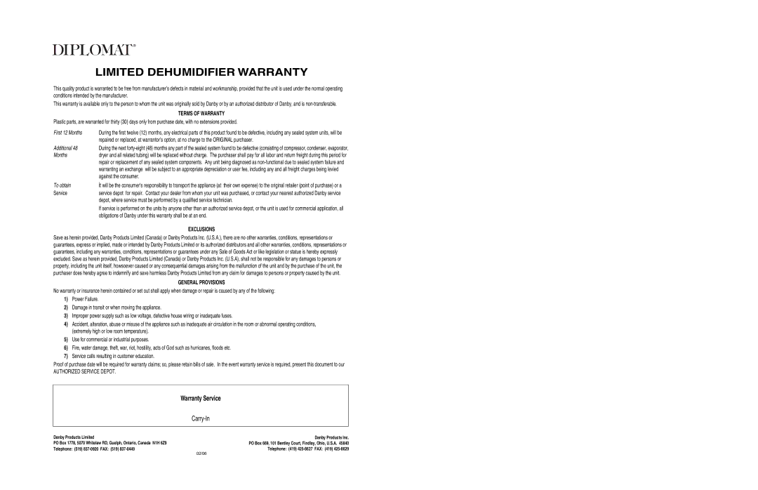 Danby DDR2506 owner manual Limited Dehumidifier Warranty, Warranty Service 