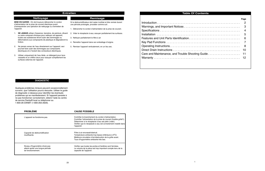 Danby DDR2506 owner manual Entretien Nettoyage, Table Of Contents 