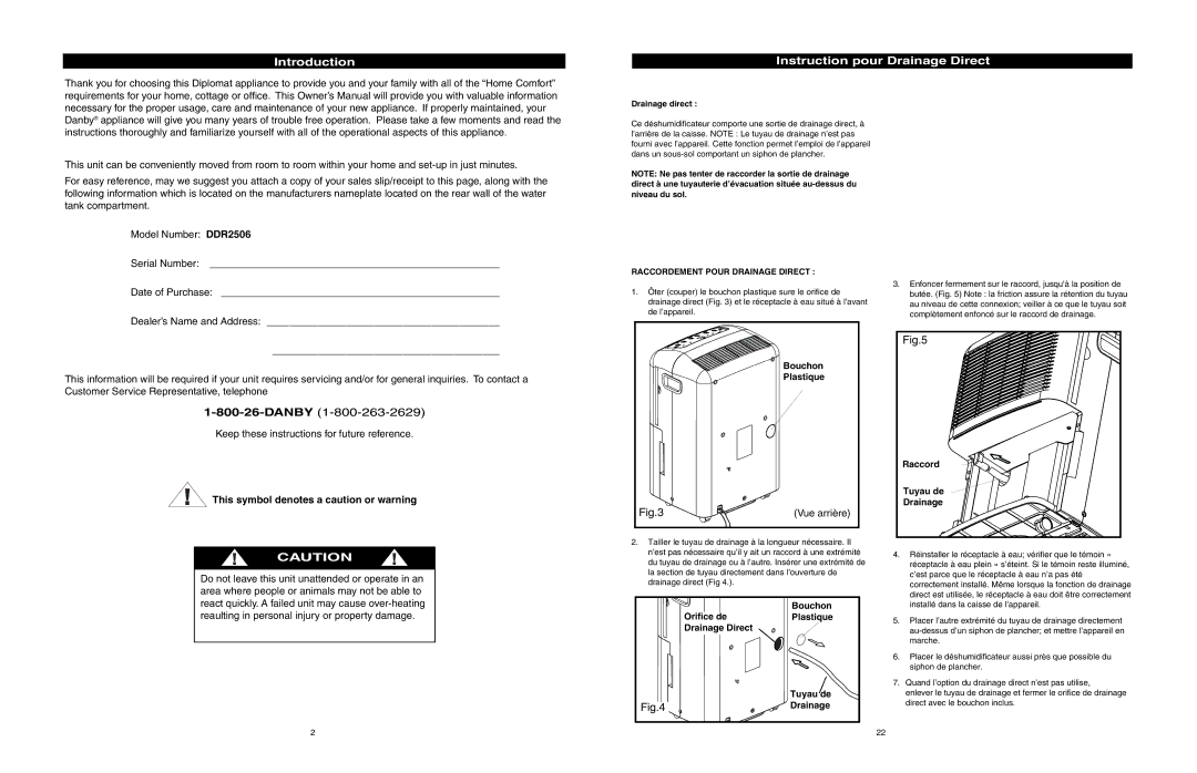 Danby DDR2506 Introduction Instruction pour Drainage Direct, This symbol denotes a caution or warning, Bouchon Plastique 