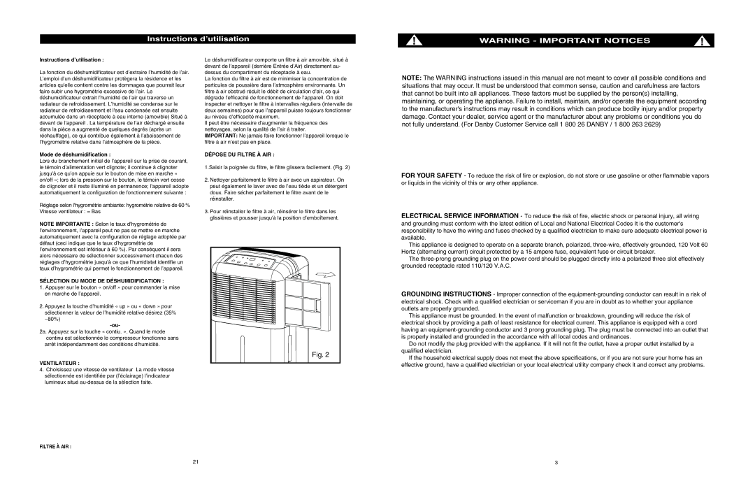 Danby DDR2506 owner manual Instructions d’utilisation, Mode de déshumidification 