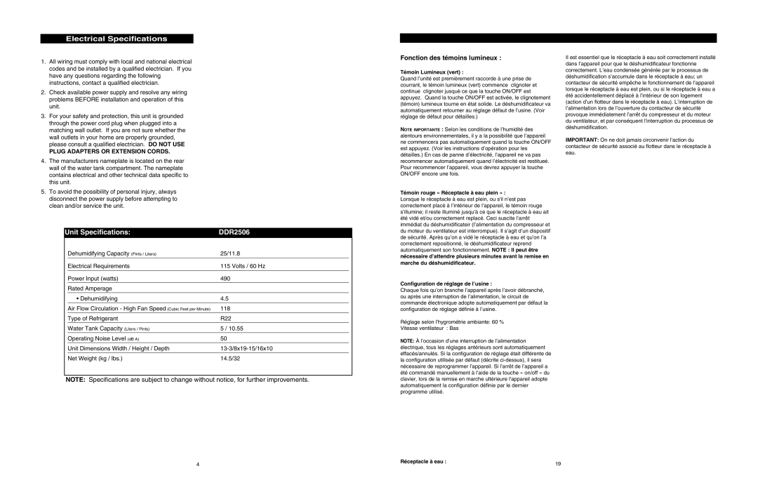 Danby DDR2506 owner manual Electrical Specifications, Fonction des témoins lumineux, Plug Adapters or Extension Cords 