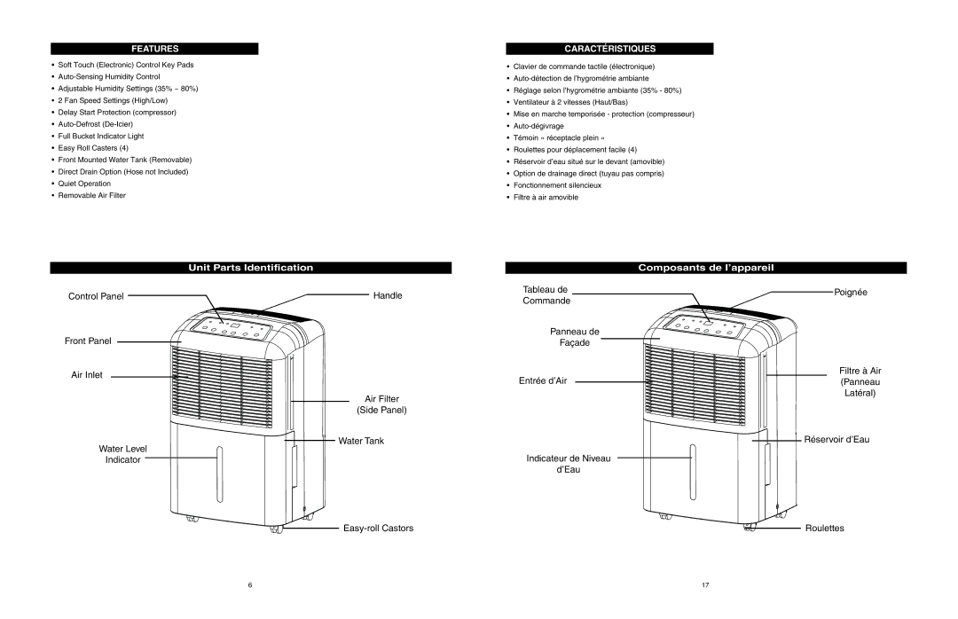 Danby DDR2506 owner manual Unit Parts Identification Composants de l’appareil, Features 