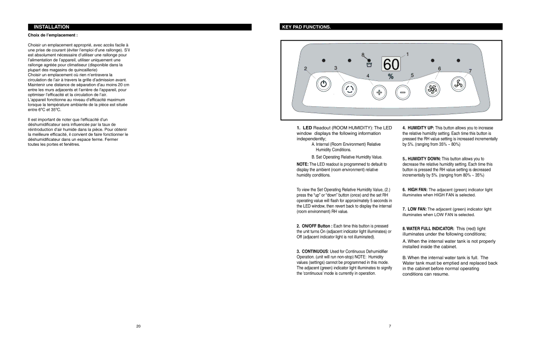 Danby DDR2506 owner manual KEY PAD Functions, Choix de l’emplacement 