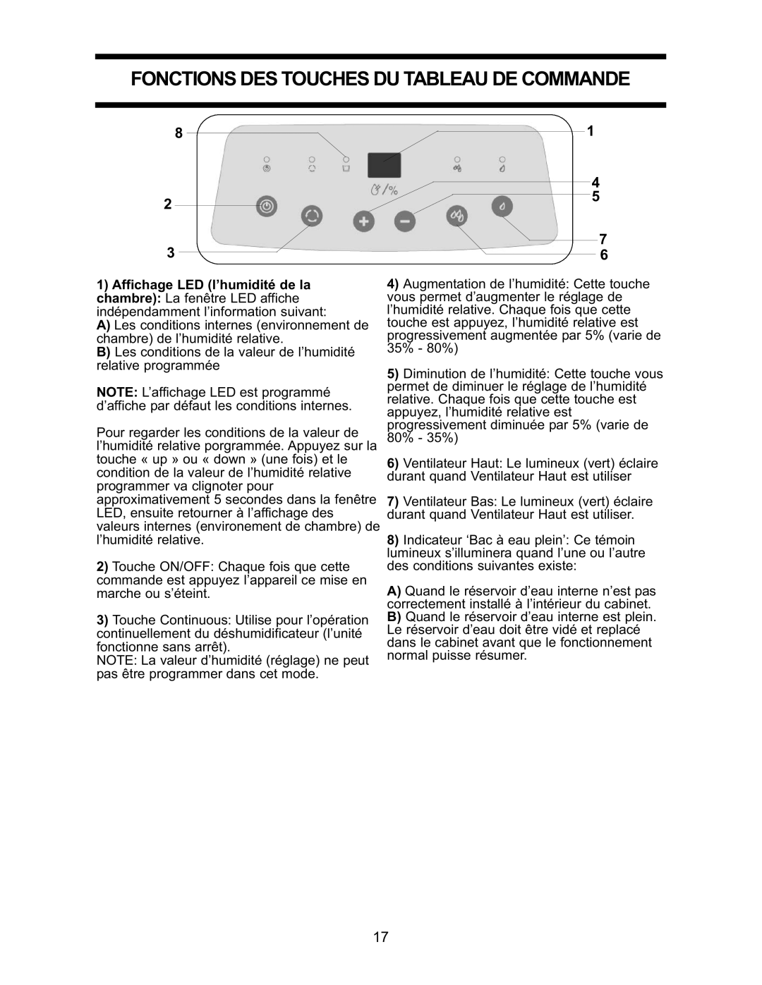 Danby DDR2509EE manual Fonctions DES Touches DU Tableau DE Commande 