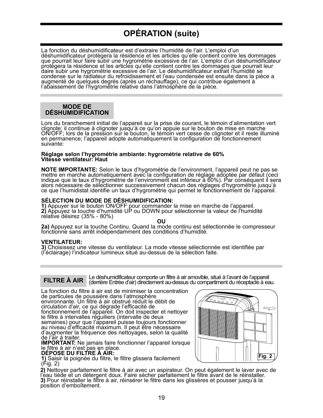 Danby DDR2509EE manual Sélection DU Mode DE Déshumidification, Ventilateur, Dépose DU Filtre À AIR 