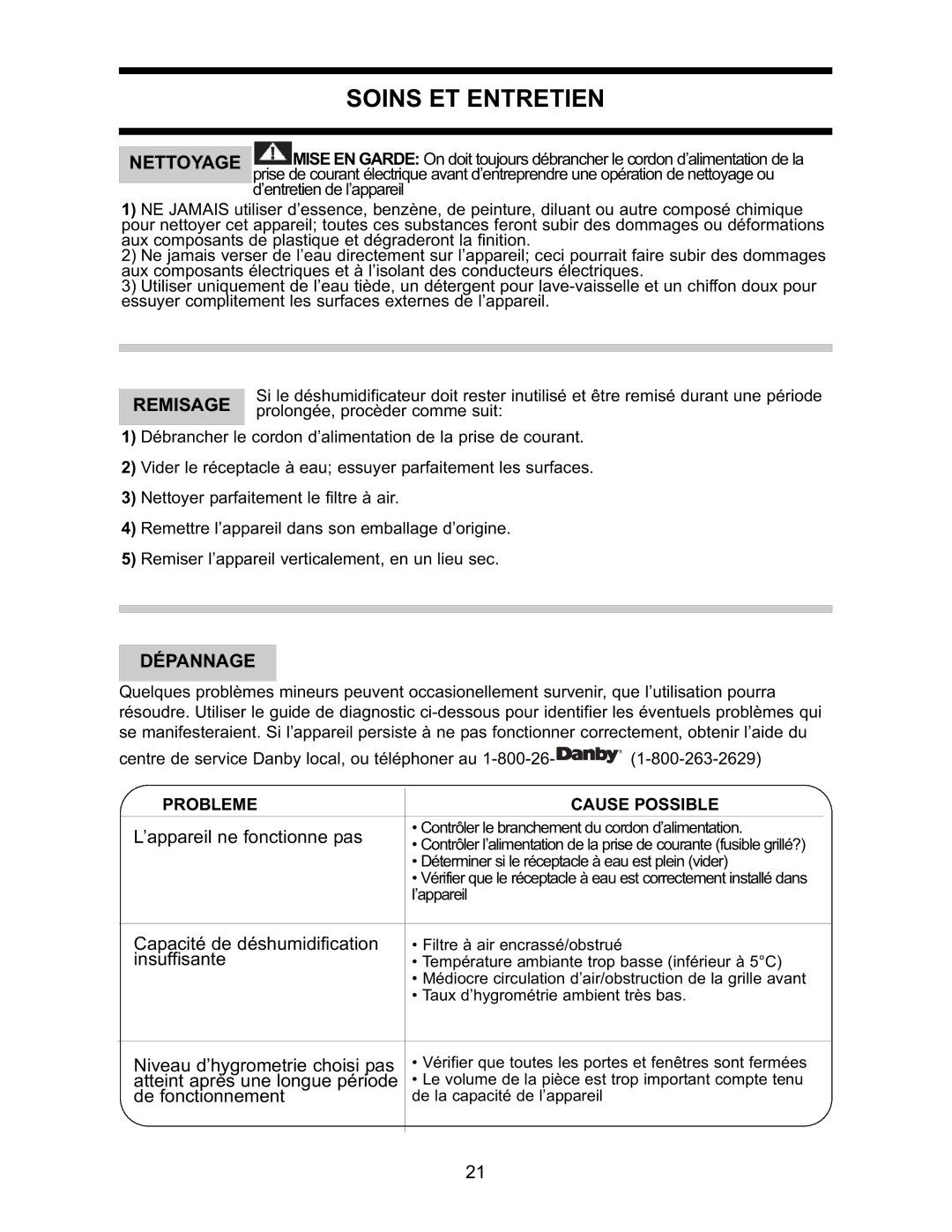 Danby DDR2509EE manual Soins ET Entretien, Nettoyage, Remisage, Probleme, Cause Possible 