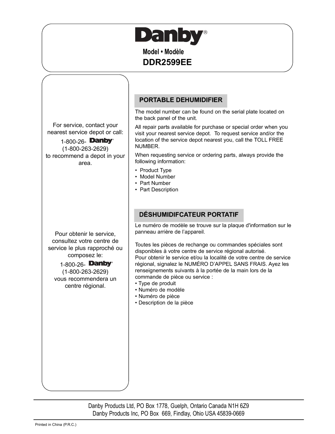 Danby DDR2509EE manual DDR2599EE, Portable Dehumidifier, Déshumidifcateur Portatif 