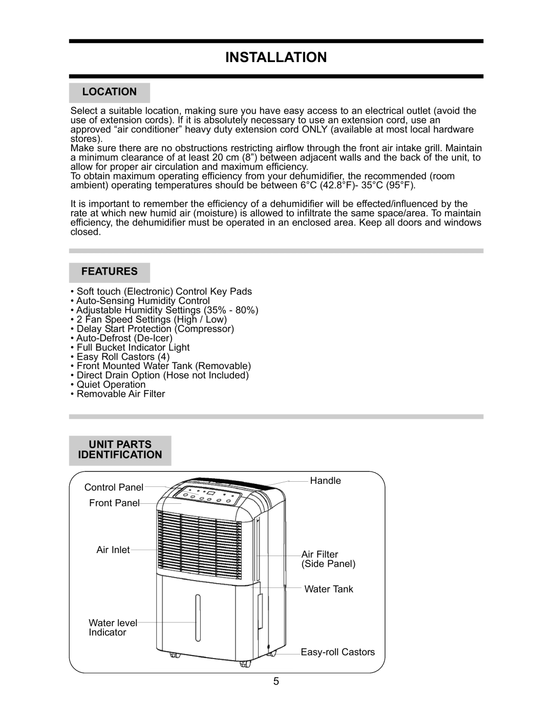 Danby DDR2509EE manual Installation, Location, Features, Unit Parts Identification 