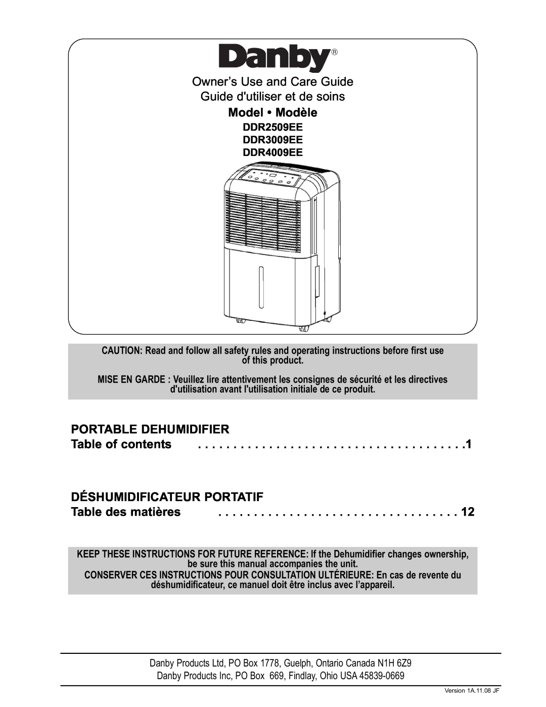 Danby DDR2509EE manual Model Modèle, Portable Dehumidifier, Table of contents, Déshumidificateur Portatif 