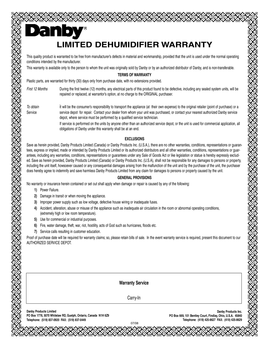 Danby DDR2509EE Limited Dehumidifier Warranty, Warranty Service, Terms Of Warranty, First 12 Months, To obtain, Exclusions 
