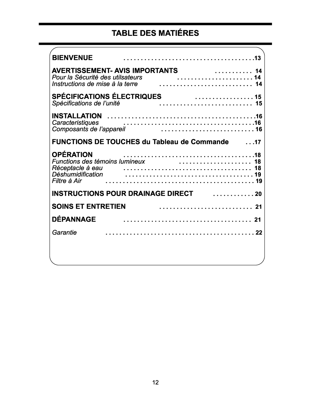 Danby DDR2509EE manual Table Des Matiéres, Avertissement- Avis Importants, FUNCTIONS DE TOUCHES du Tableau de Commande 