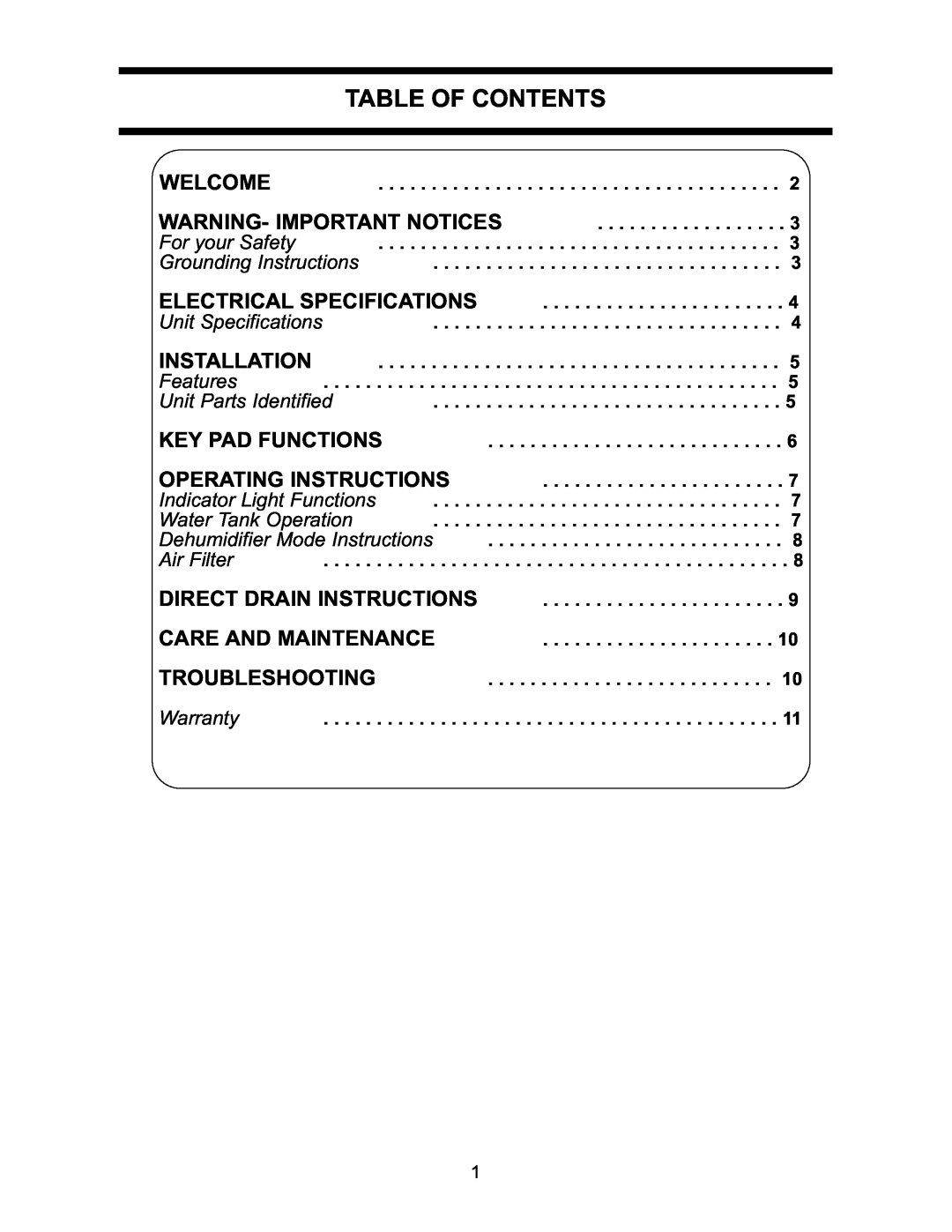 Danby DDR2509EE manual Table Of Contents 