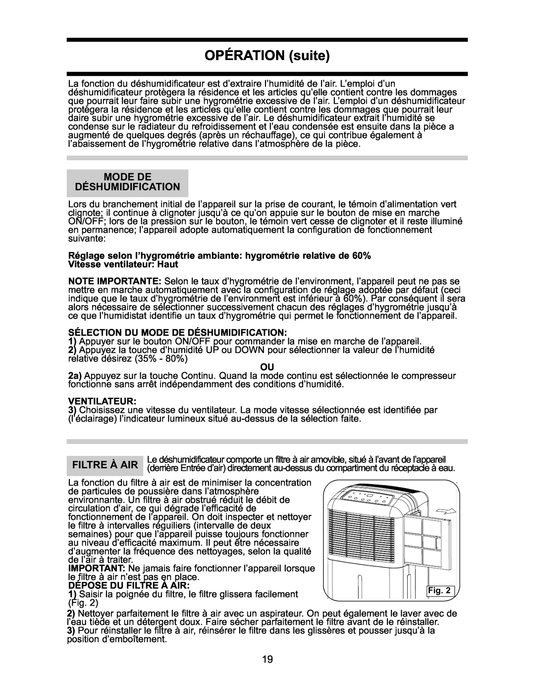 Danby DDR2509EE manual OPÉRATION suite, Vitesse ventilateur Haut, Sélection Du Mode De Déshumidification, Ventilateur 