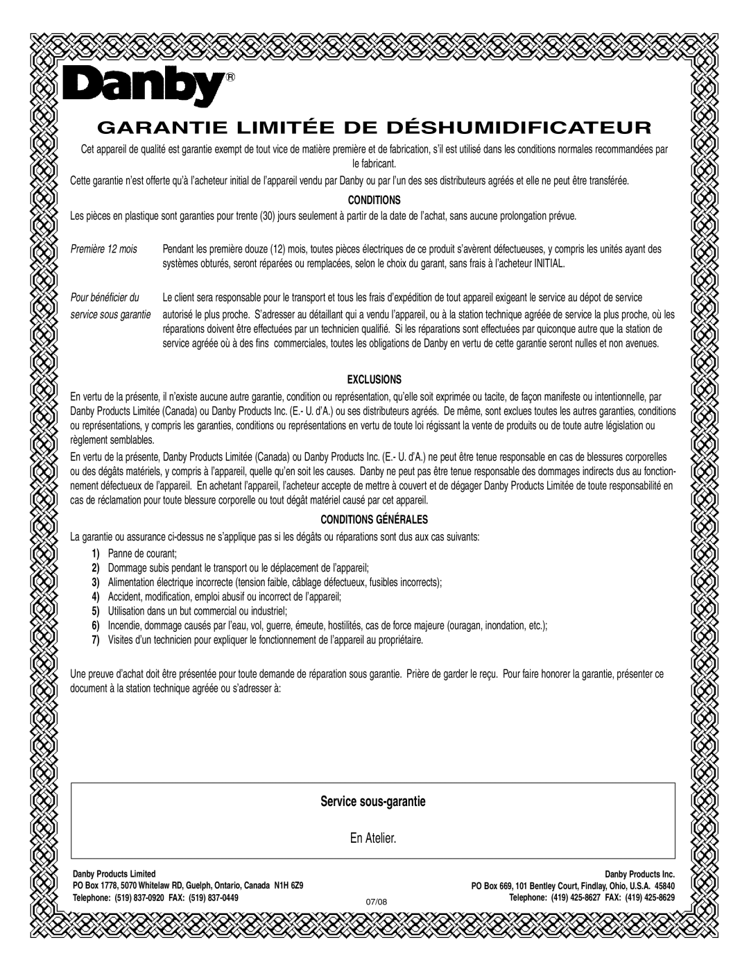 Danby DDR2509EE manual Garantie Limitée De Déshumidificateur, Service sous-garantie, Exclusions, Conditions Générales 