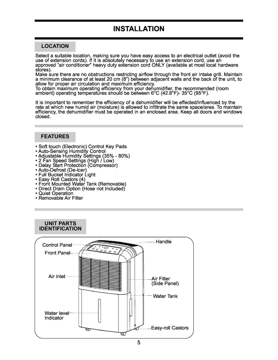 Danby DDR2509EE manual Installation, Location, Features, Unit Parts Identification 