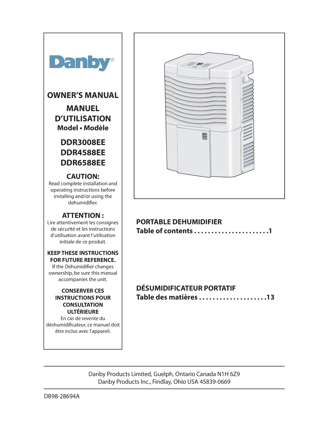 Danby DDR3008EE manual BddpnqbojftUifVoju, DbtEfSfwfoufEv, EÏTIVNJEJmDBUFVSDFNBOVFMEPJU 