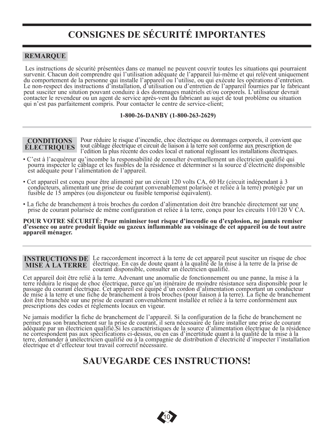 Danby DDR2510E, DDR4010E Consignes DE Sécurité Importantes, Sauvegarde CES Instructions, Remarque, Conditions, Électriques 