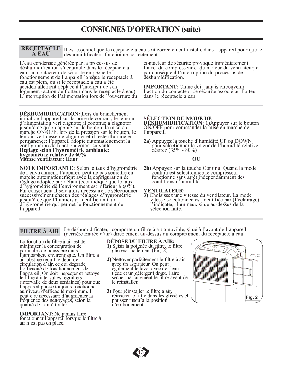 Danby DDR2510E, DDR4010E, DDR3010E installation instructions Eau, Ventilateur, Dépose DU Filtre À AIR 