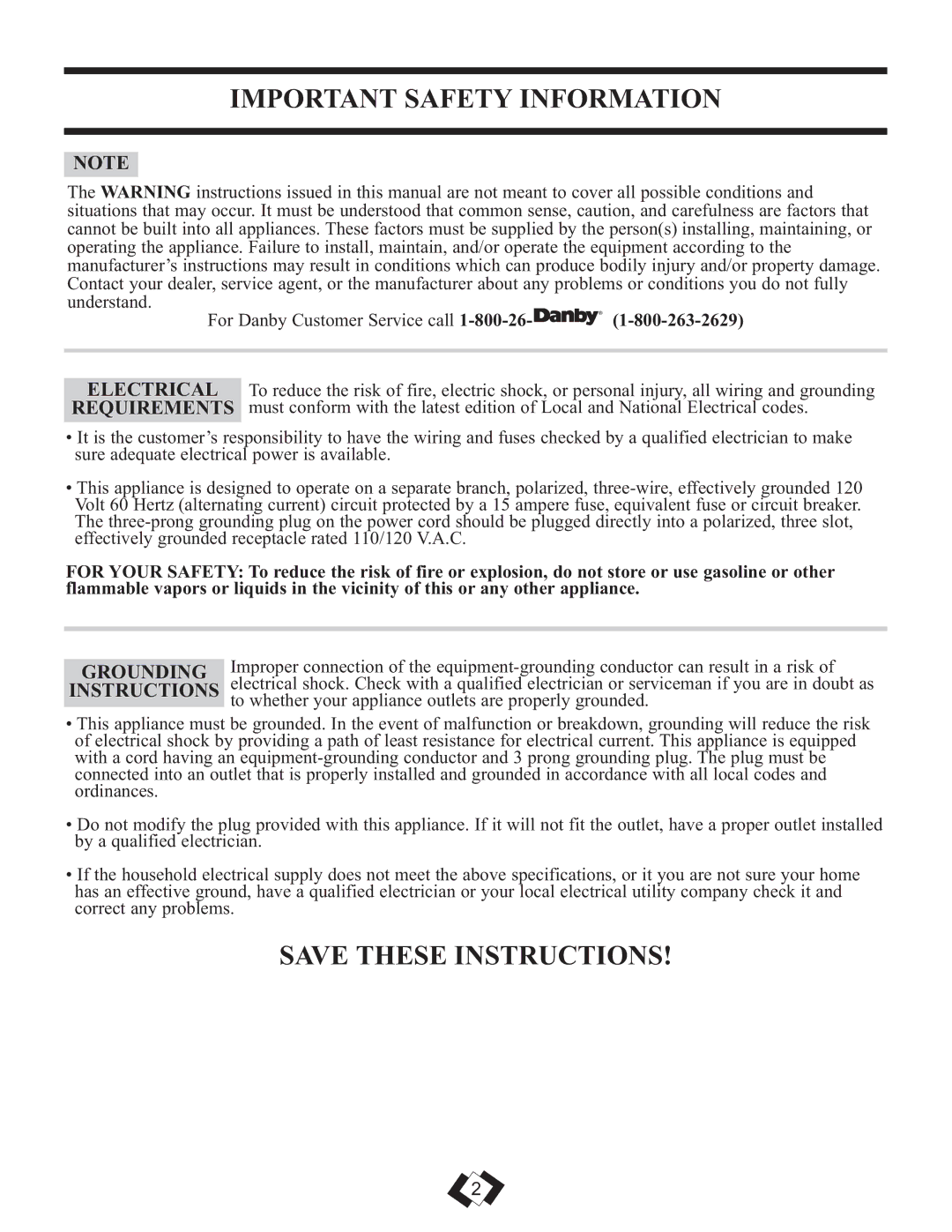 Danby DDR4010E, DDR2510E, DDR3010E installation instructions Important Safety Information, Grounding, Instructions 