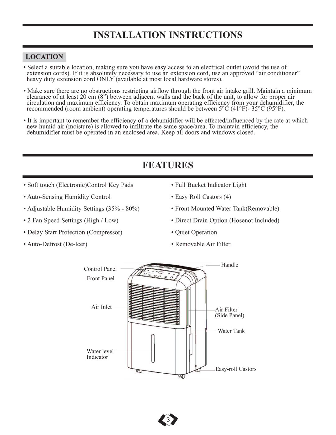 Danby DDR2510E, DDR4010E, DDR3010E installation instructions Installation Instructions, Features, Location 