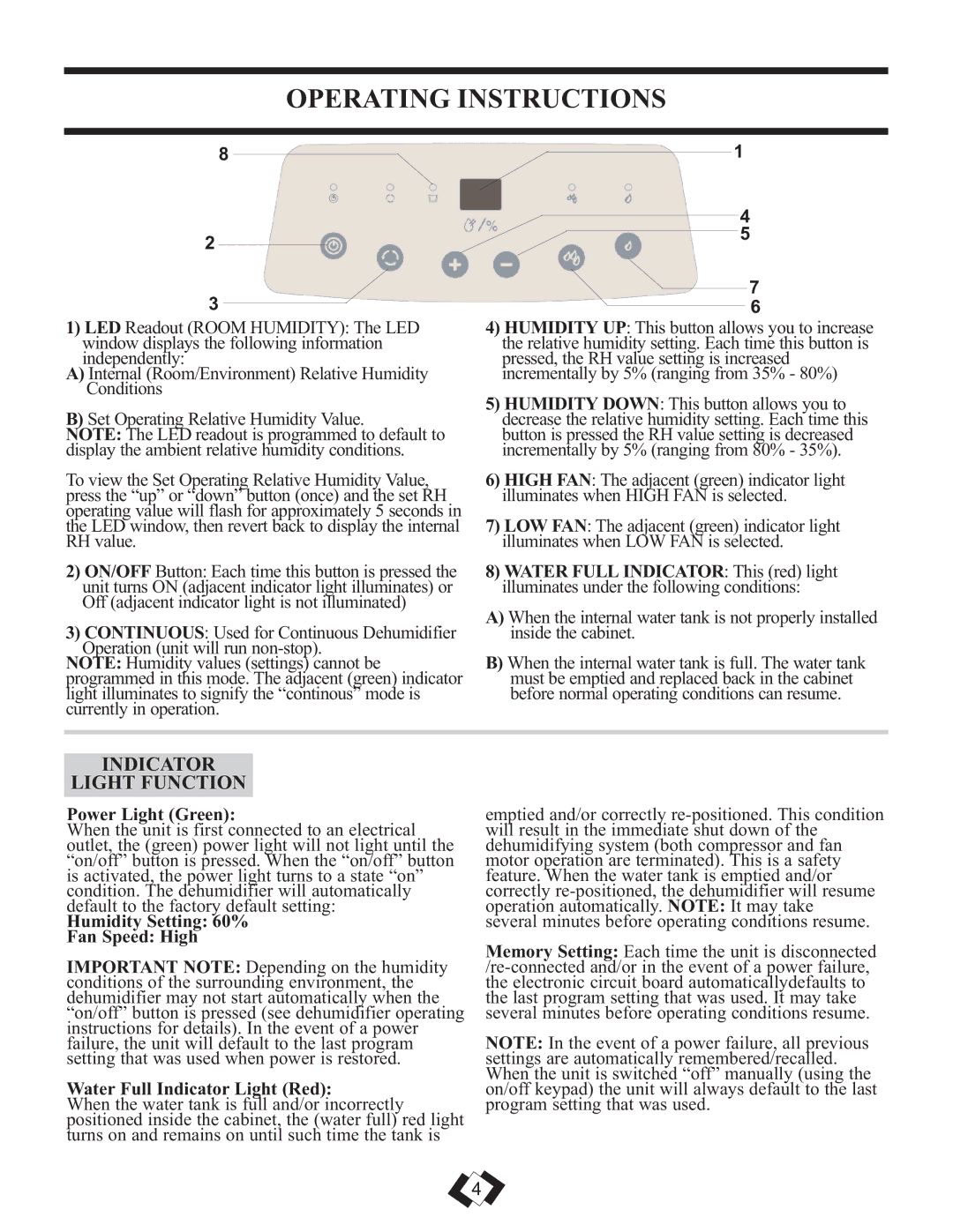 Danby DDR3010E Operating Instructions, Indicator Light Function, Power Light Green, Humidity Setting 60% Fan Speed High 