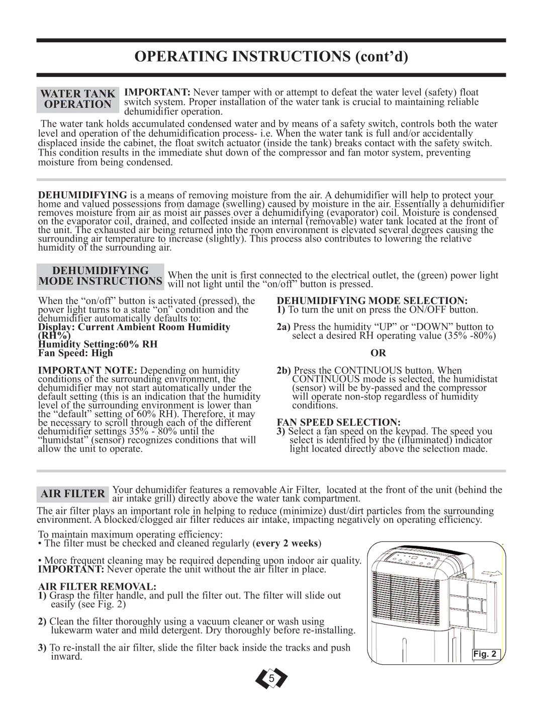 Danby DDR4010E, DDR2510E, DDR3010E Water Tank, Operation, Dehumidifying, Mode Instructions, AIR Filter 