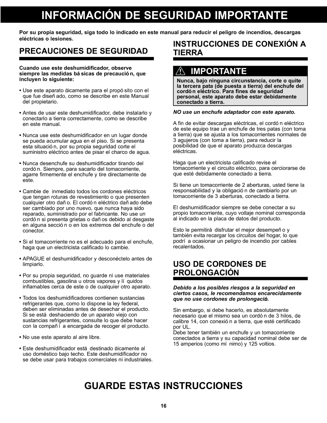 Danby DDR3011, DDR4511 Información DE Seguridad Importante, Precauciones DE Seguridad, Instrucciones DE Conexión a Tierra 