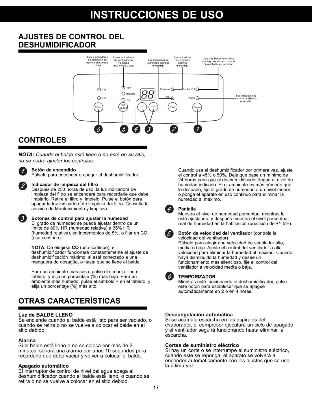 Danby DDR4511, DDR6511 Instrucciones DE USO, Ajustes DE Control DEL Deshumidificador, Controles, Otras Características 