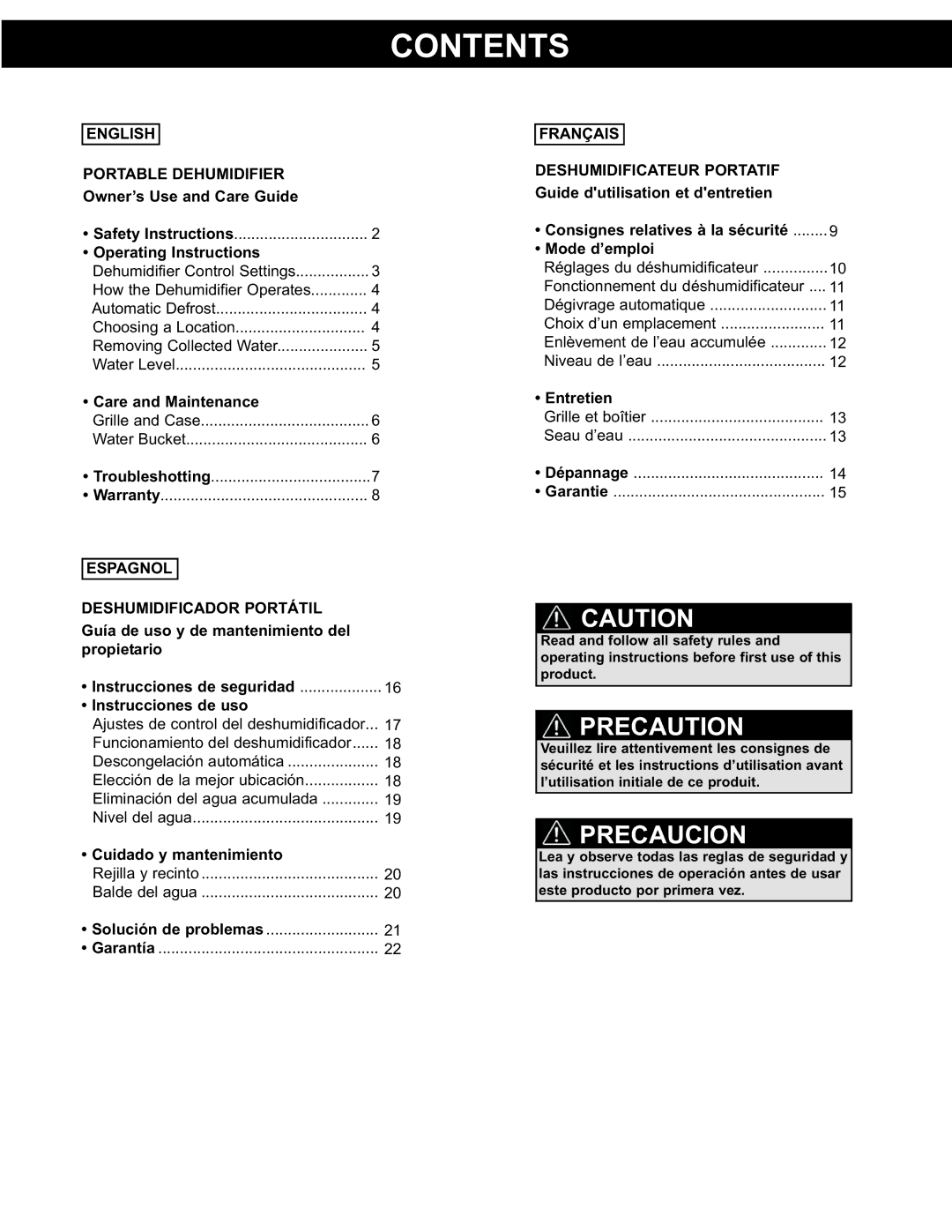 Danby DDR3011, DDR4511, DDR6511 manual Contents 