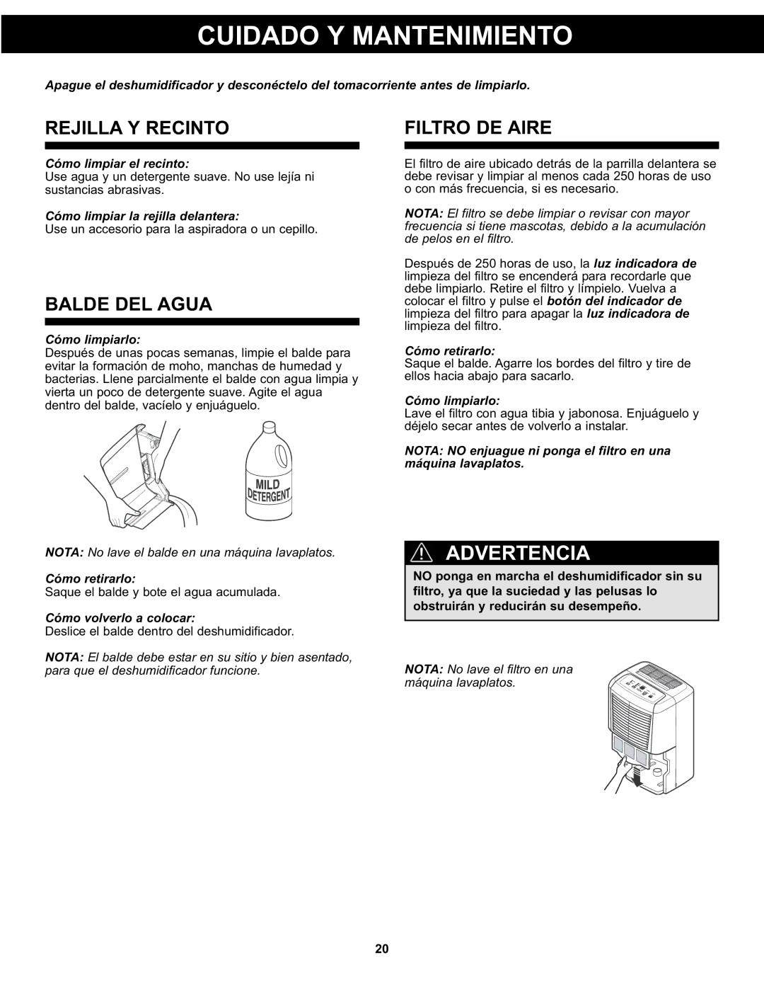 Danby DDR4511, DDR6511, DDR3011 Cuidado Y Mantenimiento, Advertencia, Rejilla Y Recinto, Balde DEL Agua, Filtro DE Aire 