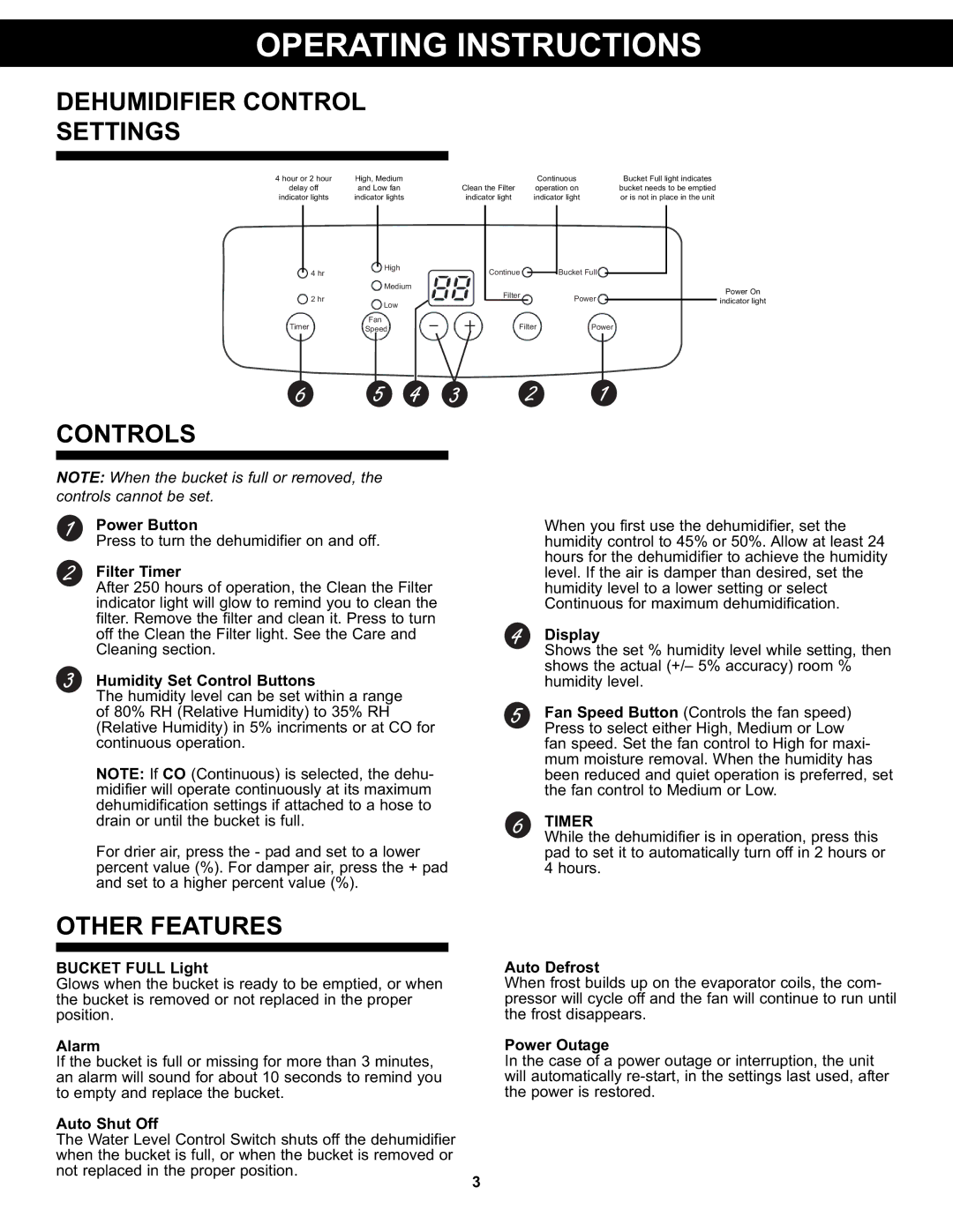 Danby DDR6511, DDR4511, DDR3011 manual Operating Instructions, Dehumidifier Control Settings, Controls, Other Features 