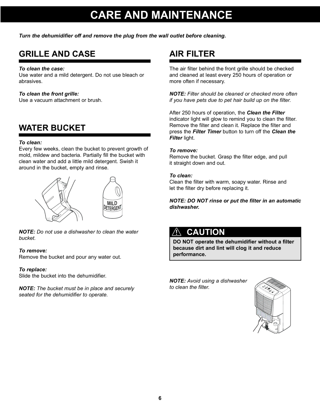 Danby DDR6511, DDR4511, DDR3011 manual Care and Maintenance, Grille and Case, Water Bucket, AIR Filter 