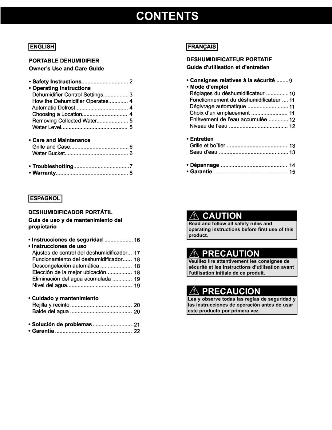 Danby DDR3011 manual Contents, Precaution, Precaucion, English, Portable Dehumidifier, Owner’s Use and Care Guide, Espagnol 
