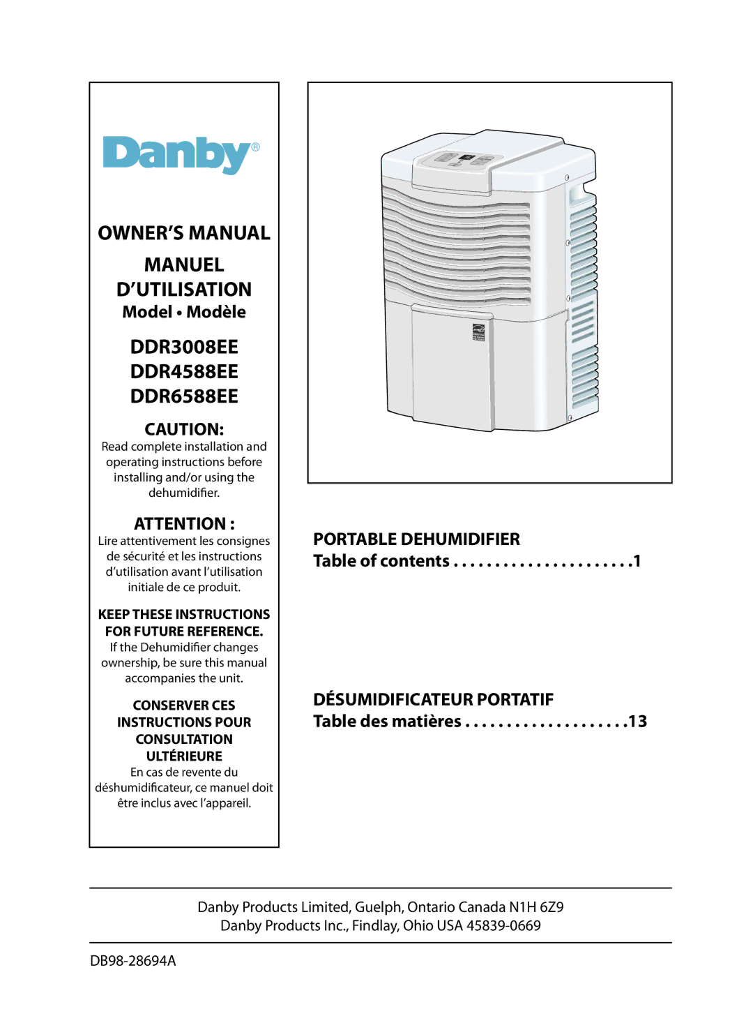 Danby DDR3008EE, DDR4588EE, DDR6588EE owner manual Manuel ’UTILISATION 