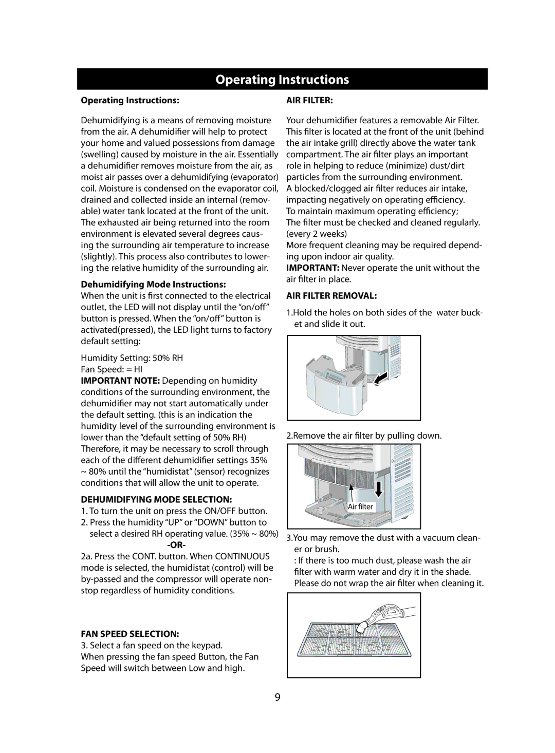 Danby DDR3008EE, DDR4588EE, DDR6588EE owner manual Dehumidifying Mode Selection 