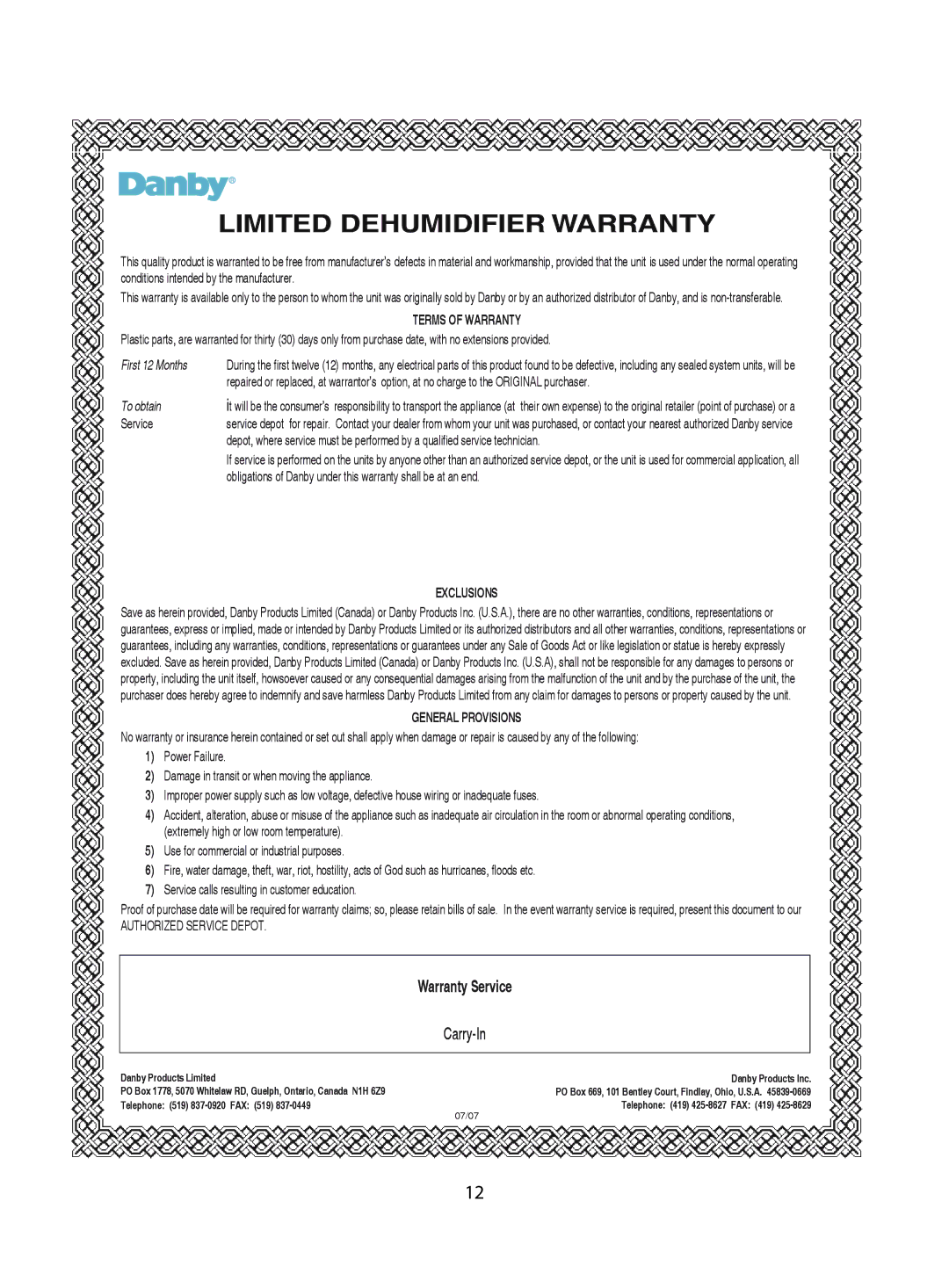 Danby DDR3008EE, DDR4588EE, DDR6588EE owner manual Limited Dehumidifier Warranty 