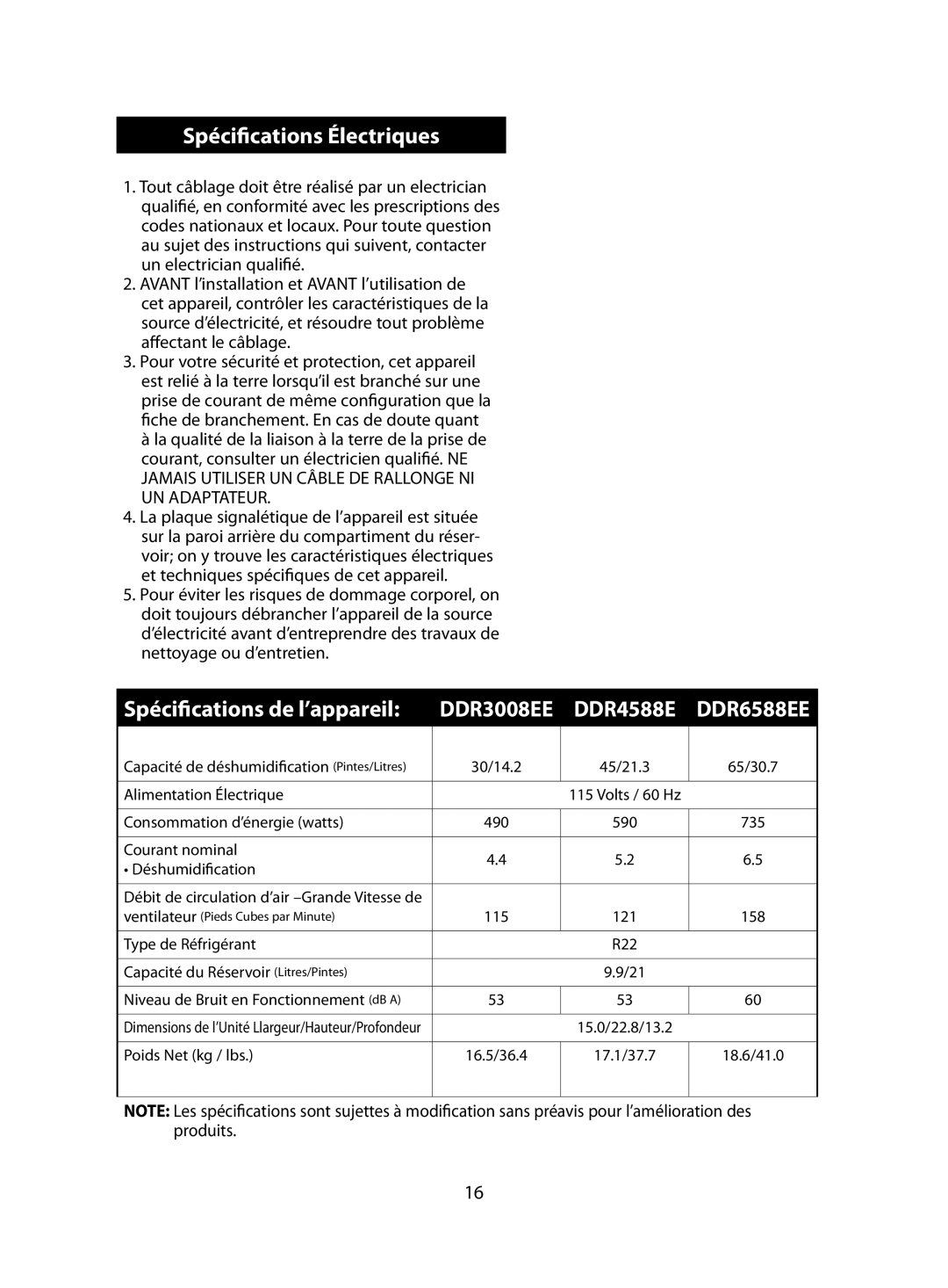 Danby DDR6588EE, DDR4588EE, DDR3008EE owner manual Spéciﬁcations Électriques 