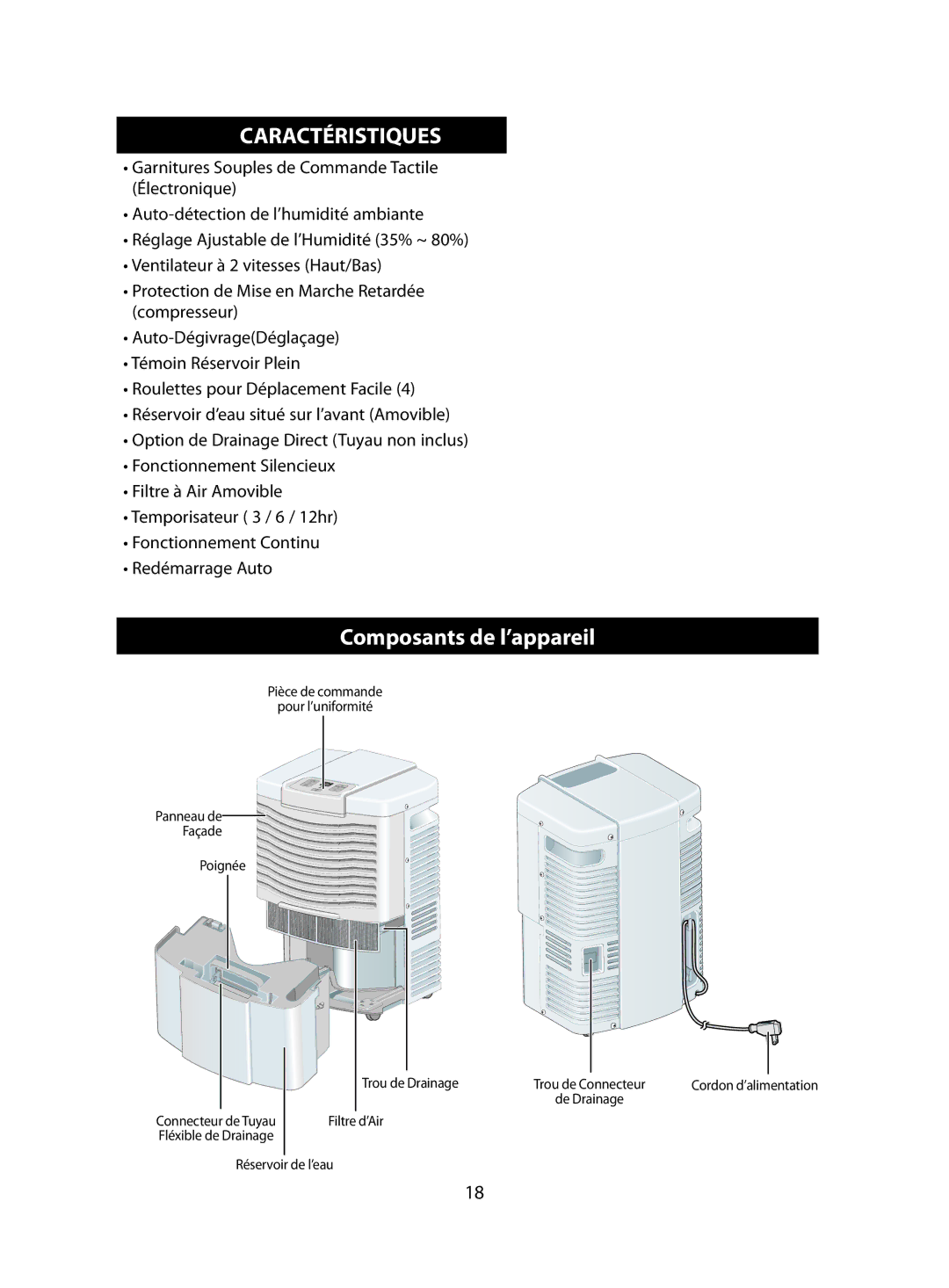 Danby DDR3008EE, DDR4588EE, DDR6588EE owner manual Caractéristiques, Composants de l’appareil 